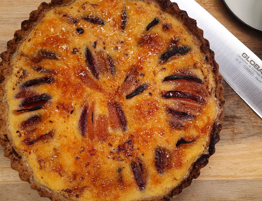 Stonefruit Custard Tart with Walnut Pastry and Brulee Topping