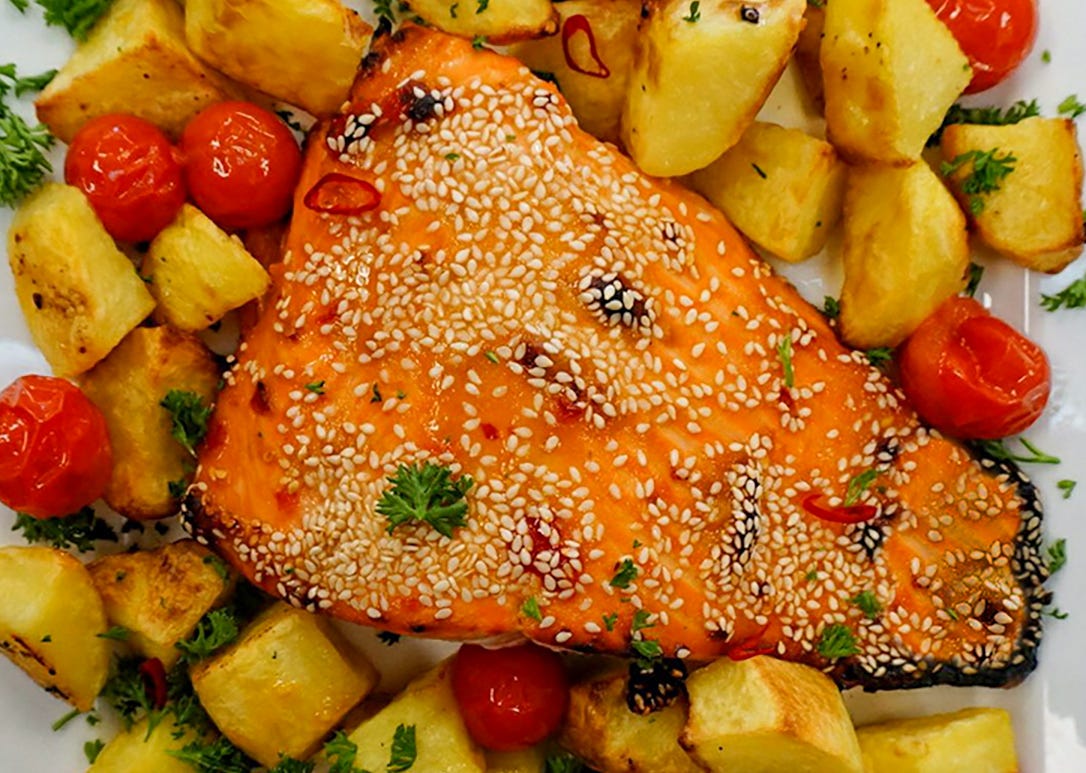 Steam Combi Recipe: Steam Grilled Salmon with Crispy Potatoes and Cherry Tomatoes