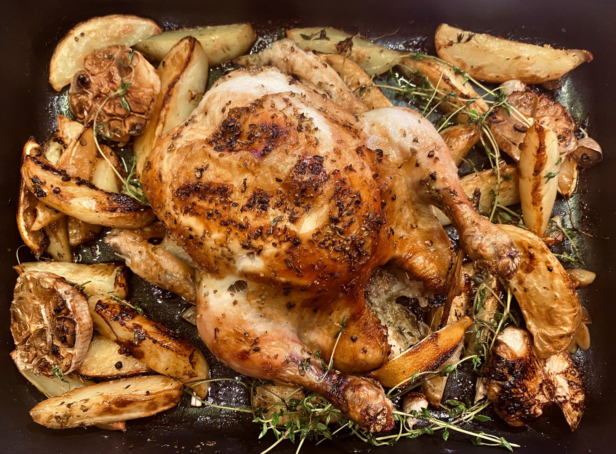 Greek Inspired Lemon and Garlic Roast Chicken and Potatoes