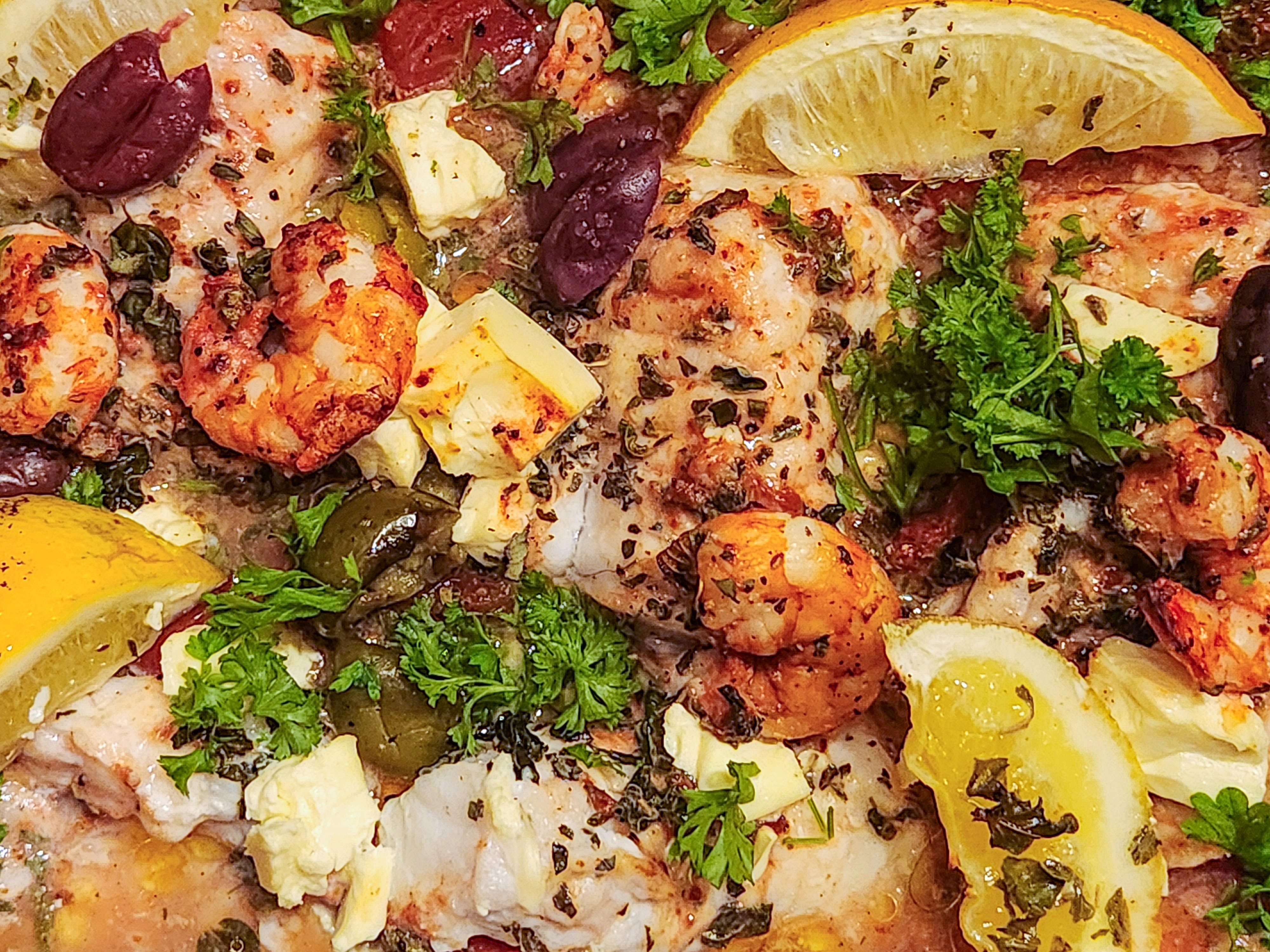 Steam Combi Recipe: Greek Inspired Prawn Feta and Fish Bake