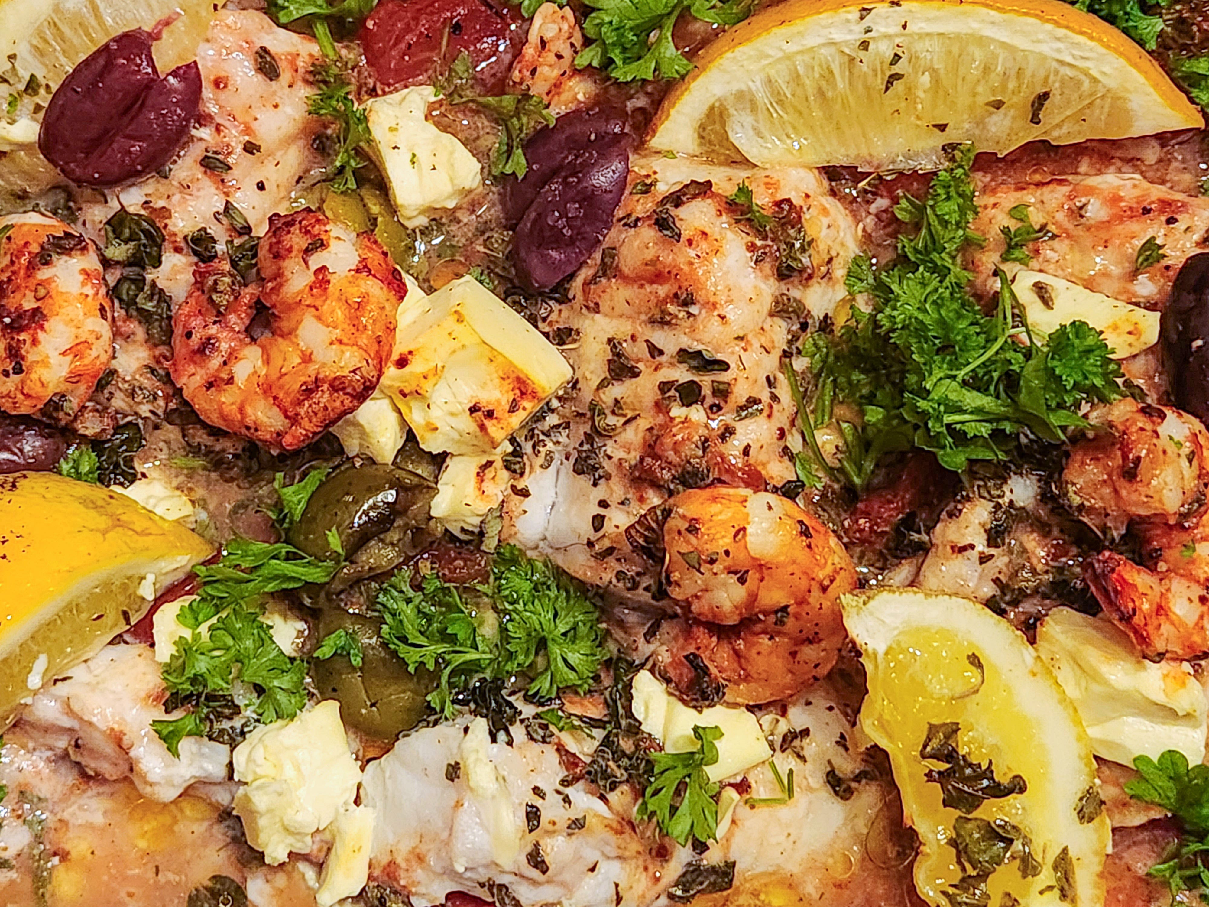 Greek Inspired Prawn Feta and Fish Bake