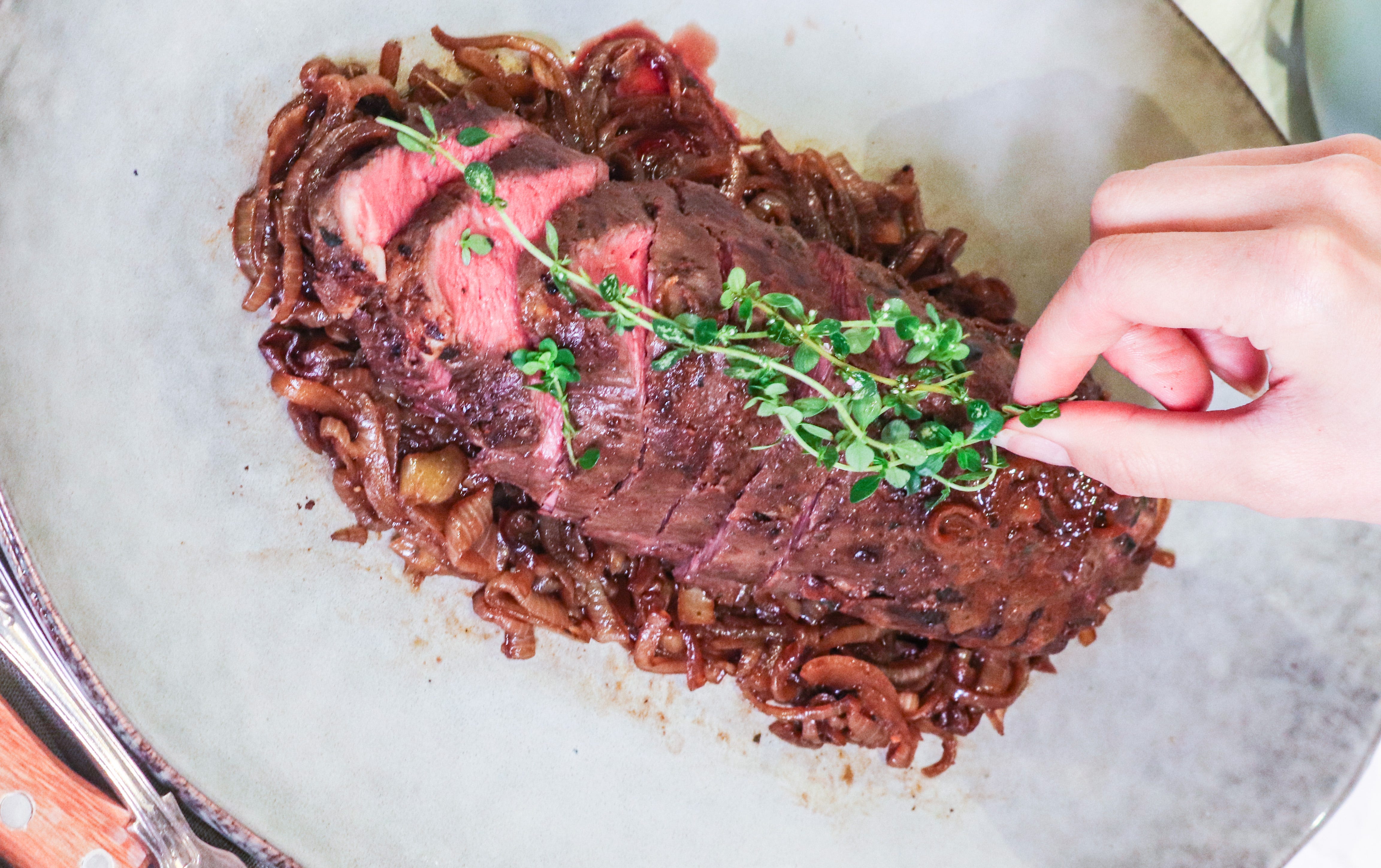 Pam's Slow cooked Eye Fillet with Caramelised Onions