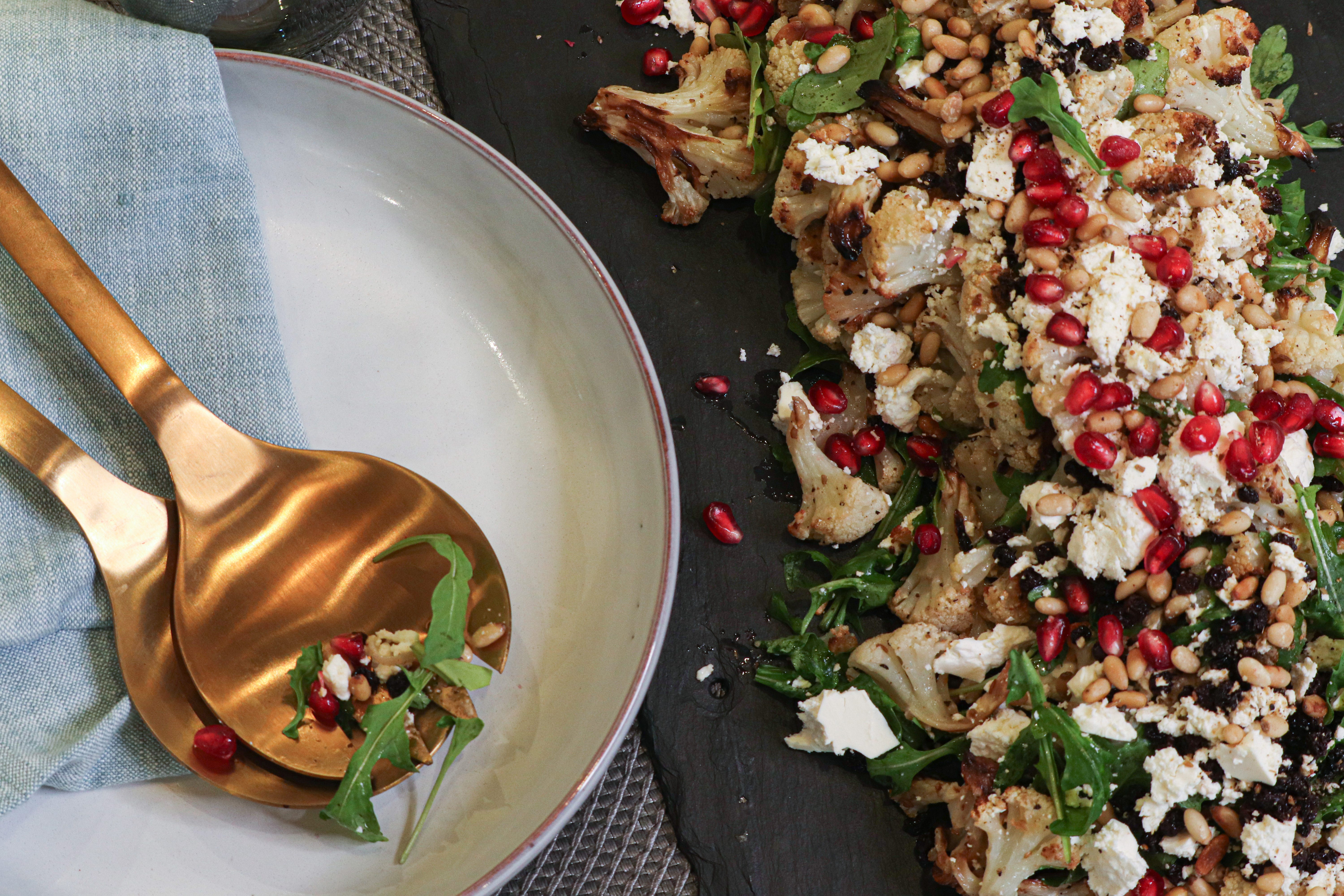 Spiced Roasted Cauliflower, Pinenuts Rocket and Feta